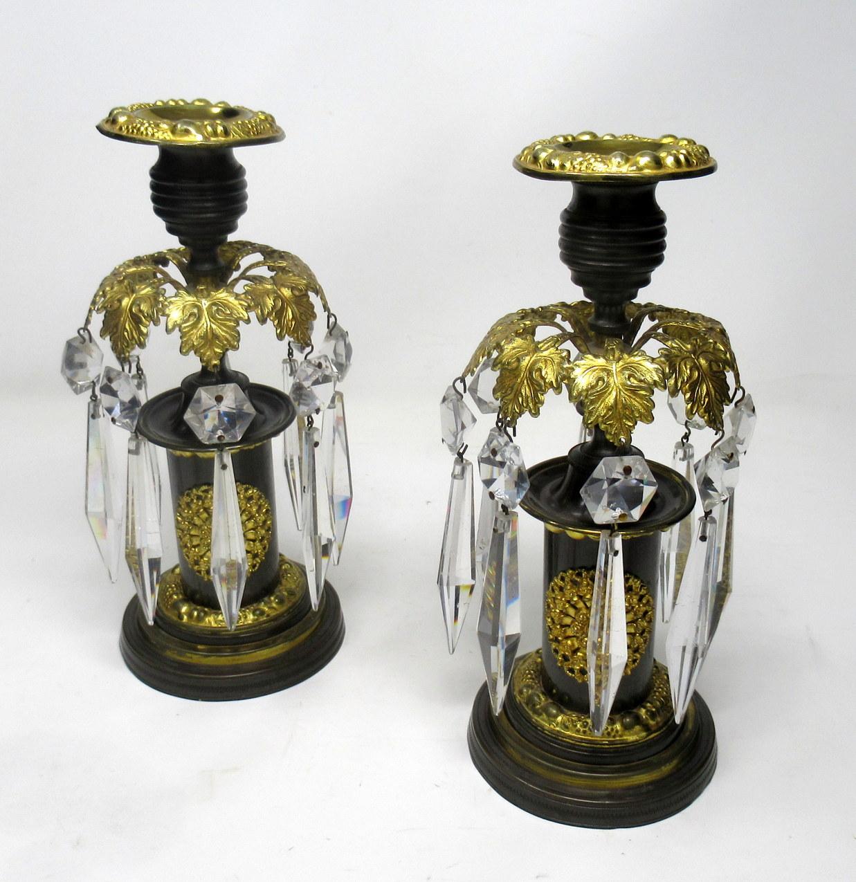Cast Pair of English Regency Ormolu Bronze Lusters Candlesticks, 19th Century
