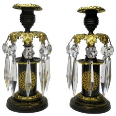 Pair of English Regency Ormolu Bronze Lusters Candlesticks, 19th Century