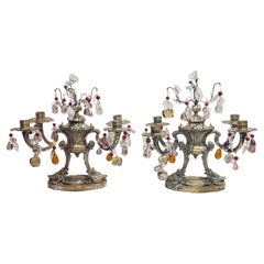 Pair English Regency Revival Silvered Bronze Four-Light Candelabra