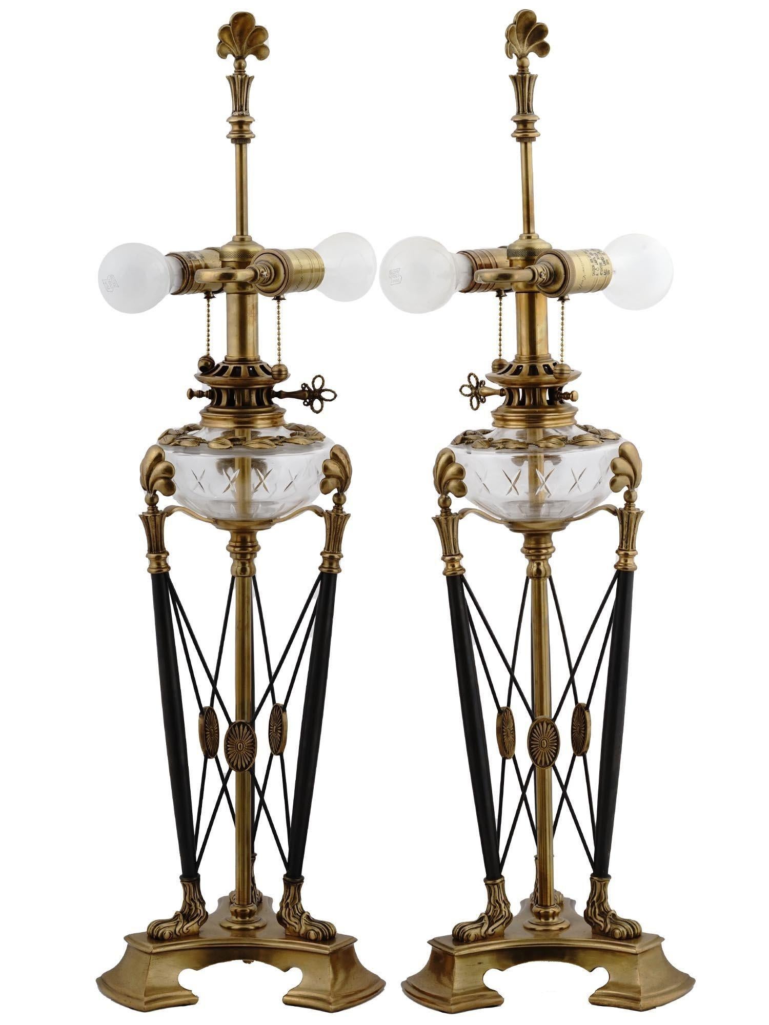 Neoclassical Pair English Regency Style Brass and Cut Glass Table Lamps For Sale