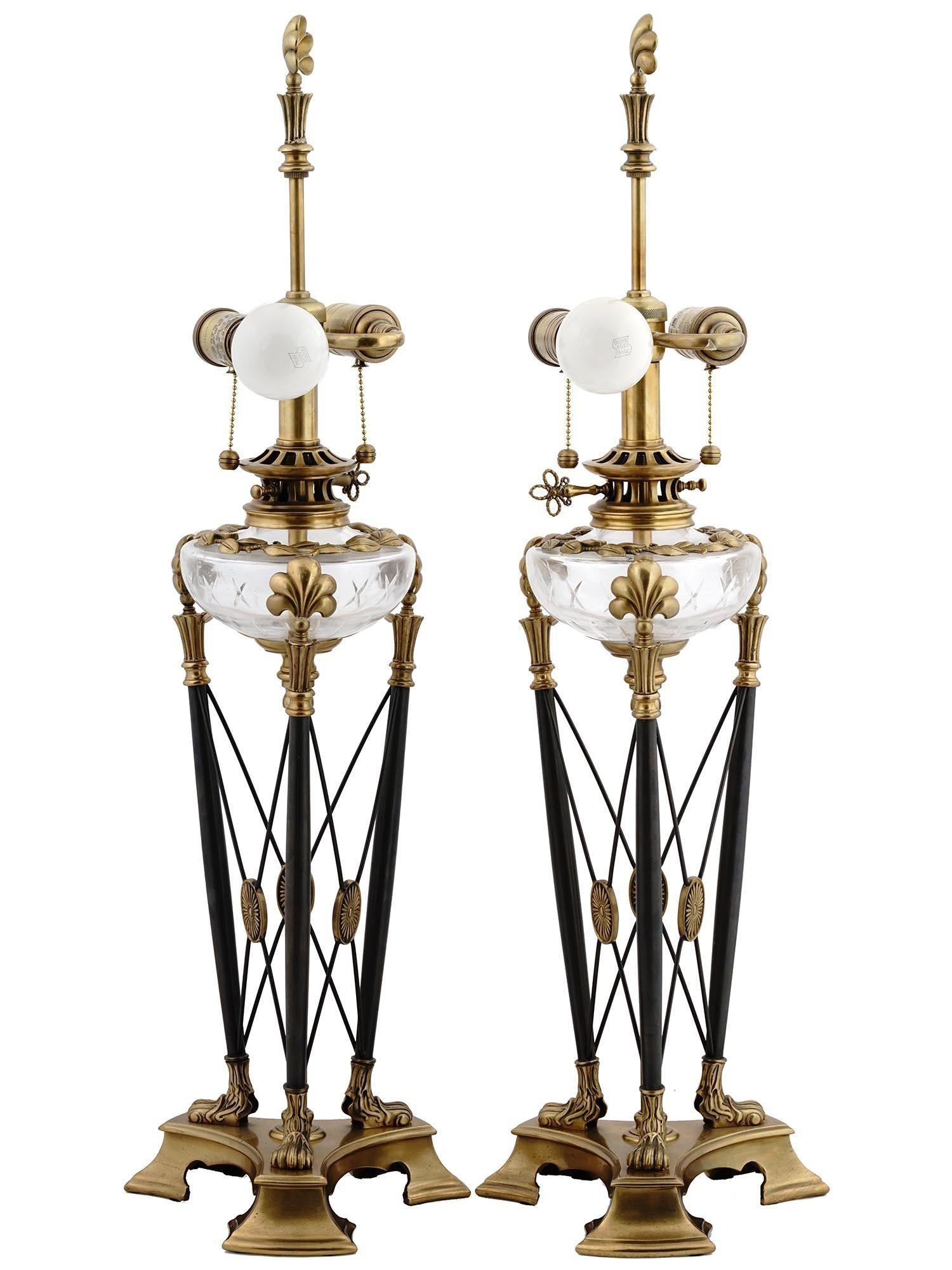 American Pair English Regency Style Brass and Cut Glass Table Lamps For Sale