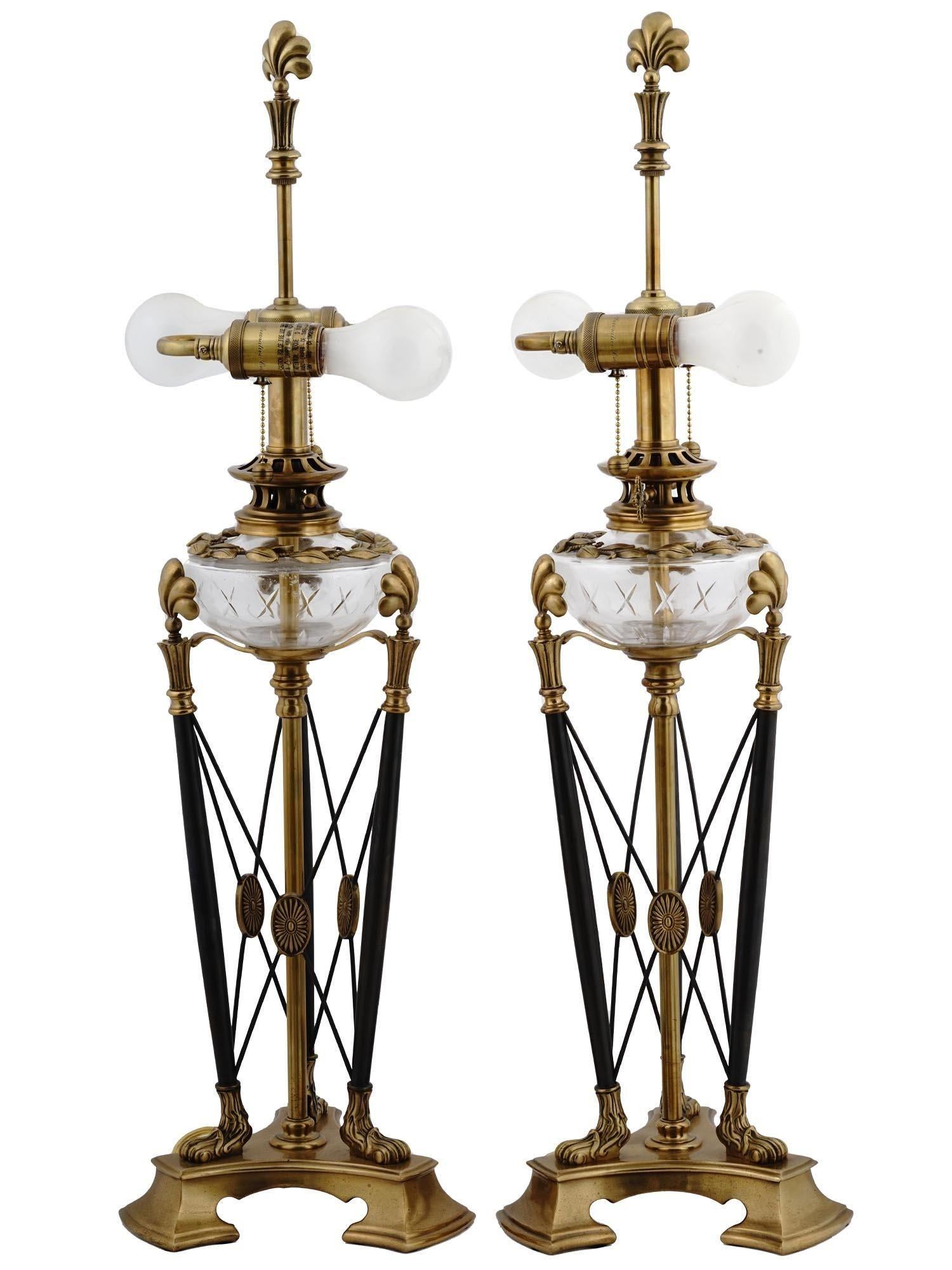 Contemporary Pair English Regency Style Brass and Cut Glass Table Lamps For Sale