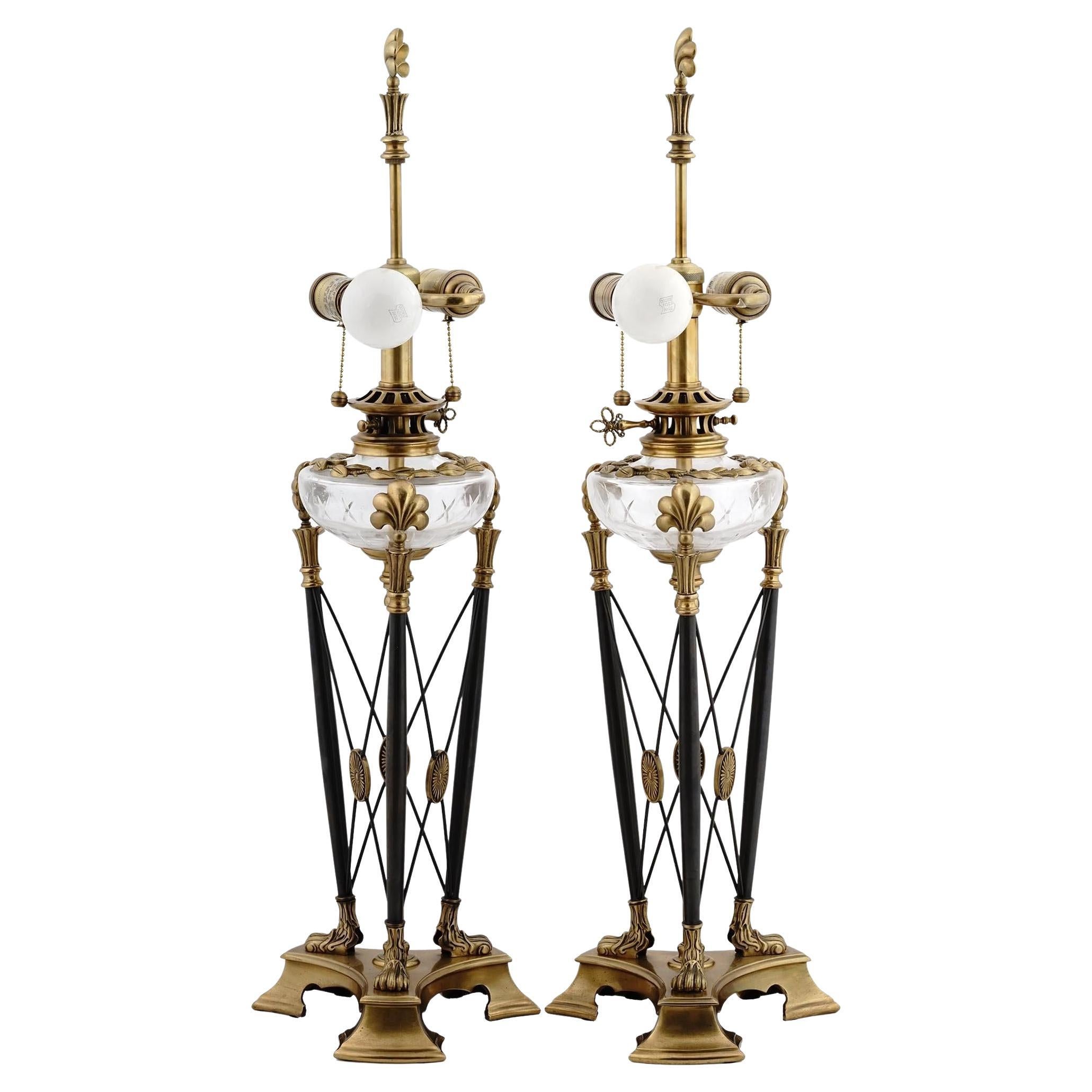 Pair English Regency Style Brass and Cut Glass Table Lamps For Sale