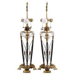 Pair English Regency Style Brass and Cut Glass Table Lamps