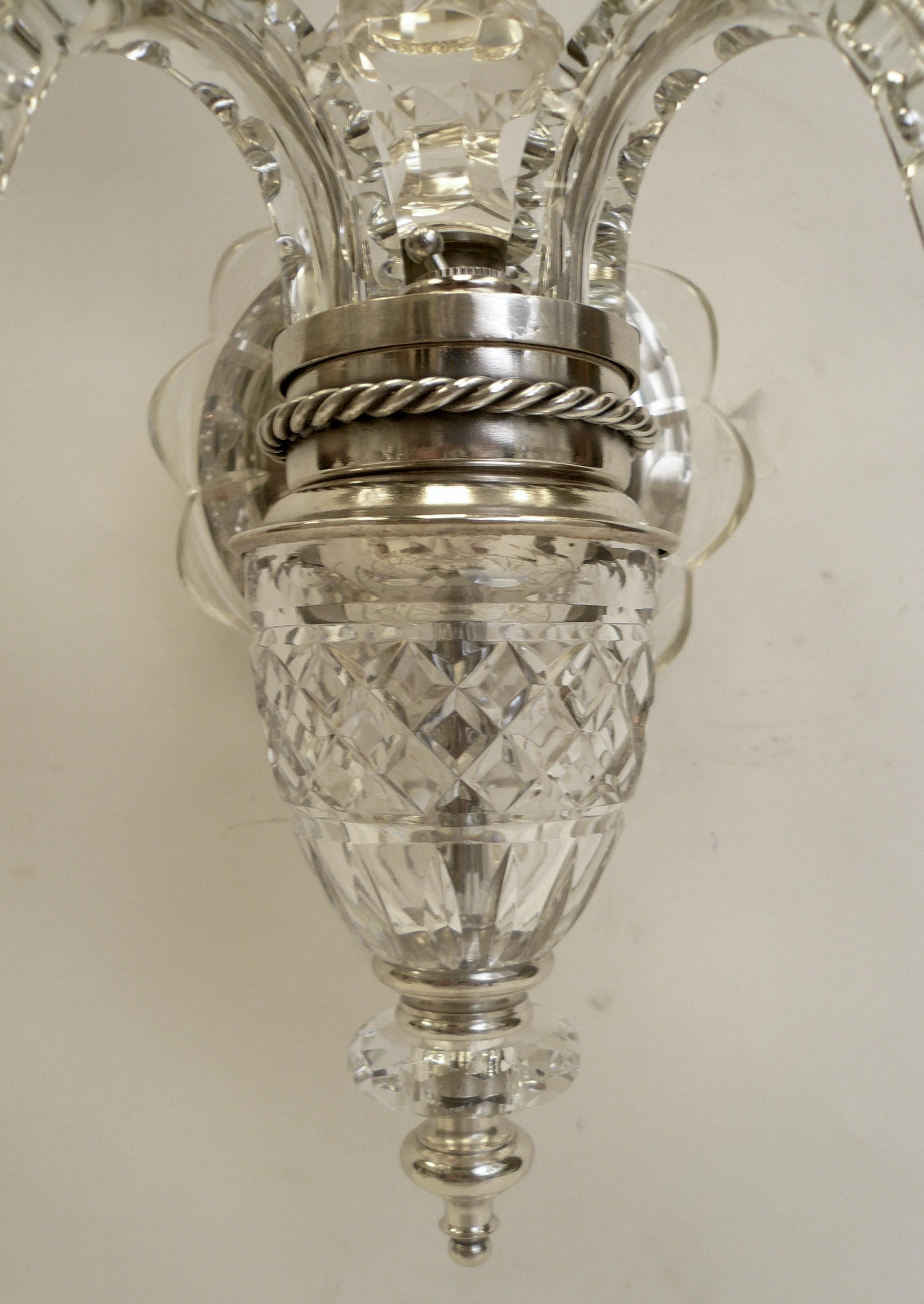 Faceted Pair English Regency Style Cut Crystal Two-Light Sconces For Sale