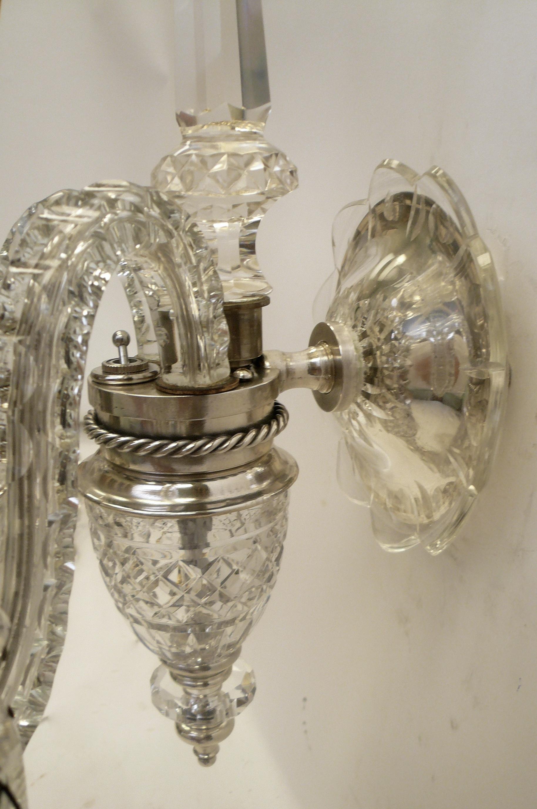 19th Century Pair English Regency Style Cut Crystal Two-Light Sconces For Sale