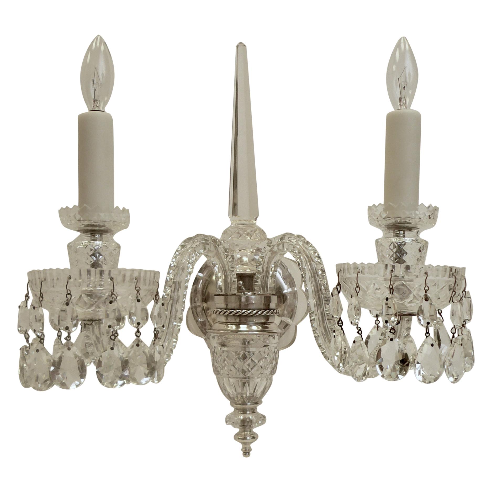 Pair English Regency Style Cut Crystal Two-Light Sconces For Sale
