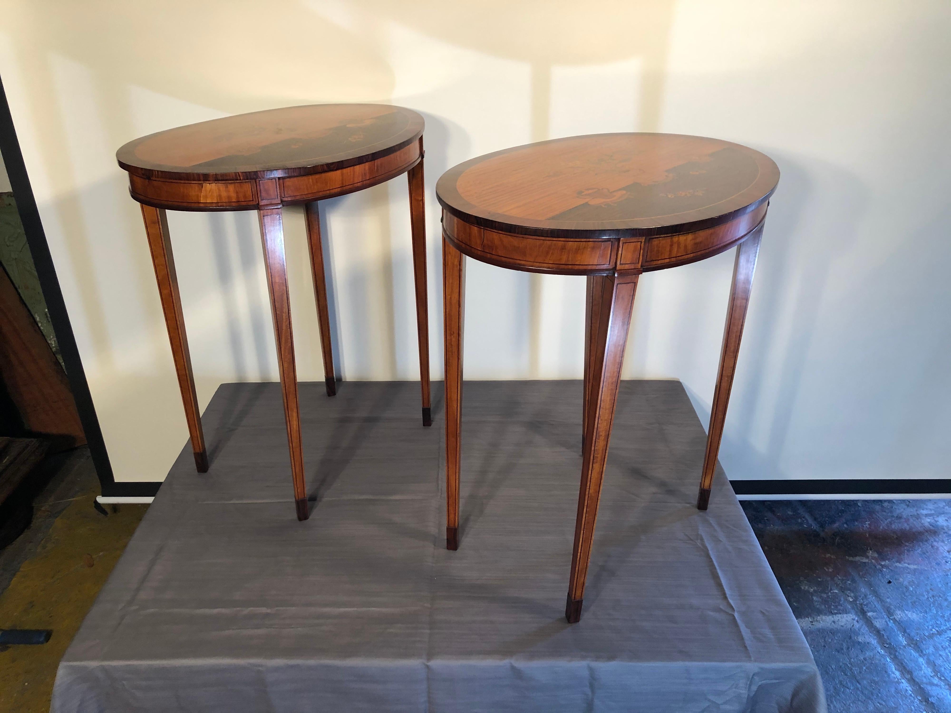 Pair English Satinwood Neoclassical Tea Tables with Inlaid Tops 4