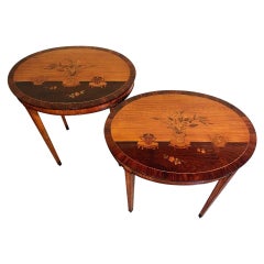Pair English Satinwood Neoclassical Tea Tables with Inlaid Tops