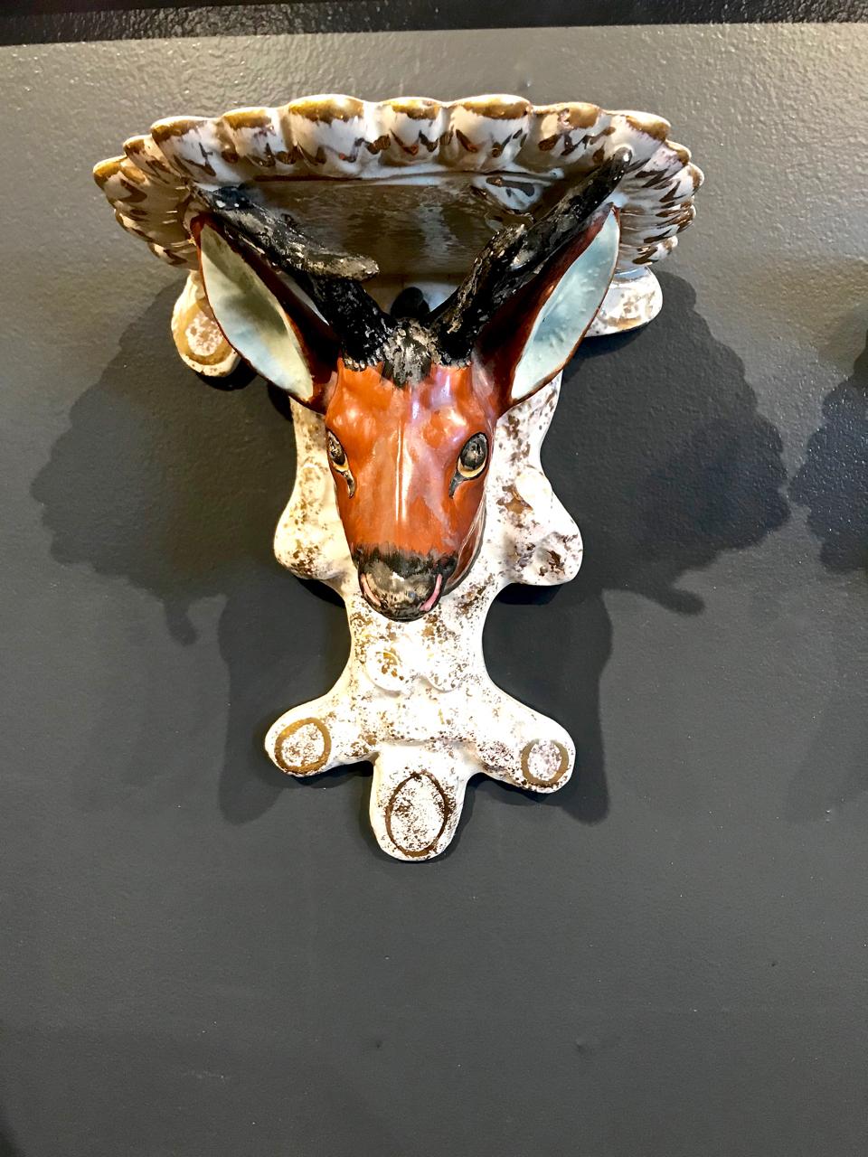 Victorian Pair of English Staffordshire Deer Head Sconces or Brackets