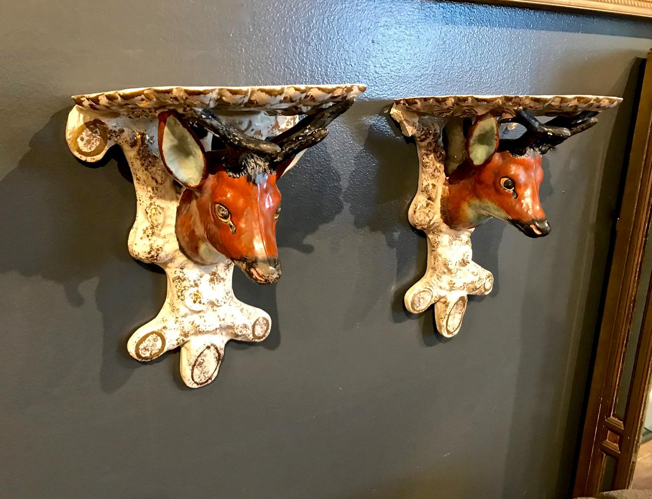 Pair of English Staffordshire Deer Head Sconces or Brackets In Good Condition In Pasadena, CA