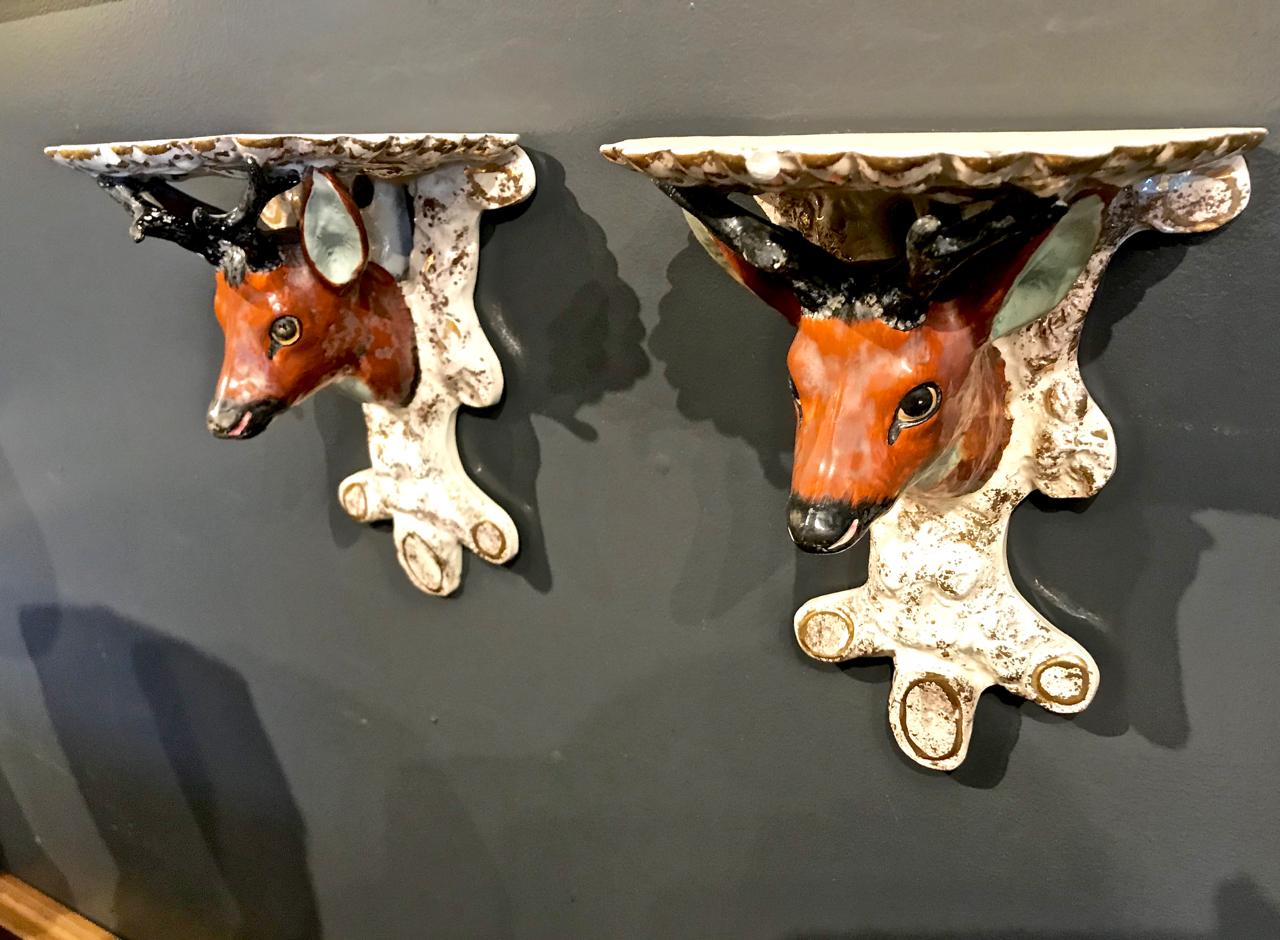 Pair of English Staffordshire Deer Head Sconces or Brackets 1