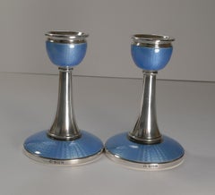 Pair English Sterling Silver & Blue Guilloche Enamel Candlesticks, 1927