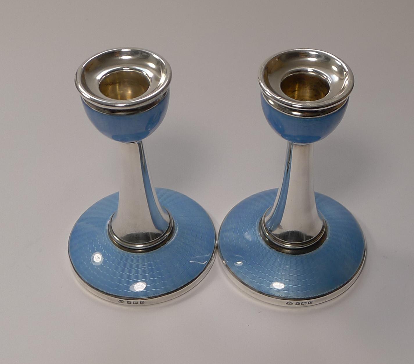 Art Deco Pair English Sterling Silver & Blue Guilloche Enamel Candlesticks, 1927