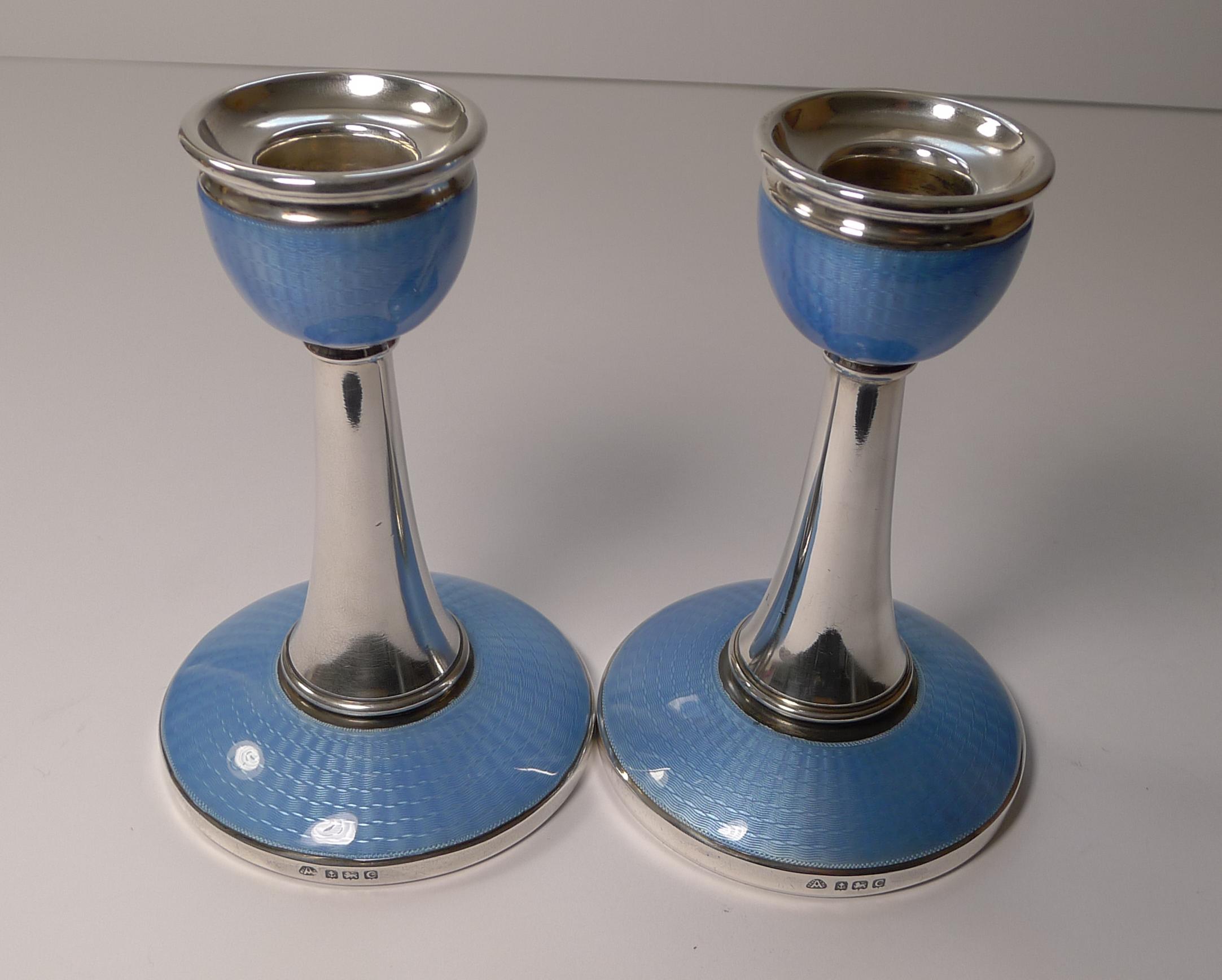 Early 20th Century Pair English Sterling Silver & Blue Guilloche Enamel Candlesticks, 1927