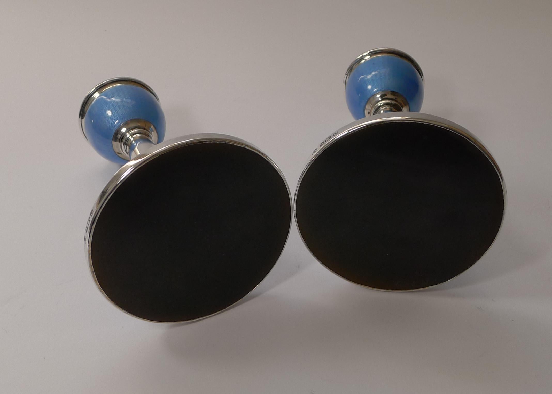 Pair English Sterling Silver & Blue Guilloche Enamel Candlesticks, 1927 1