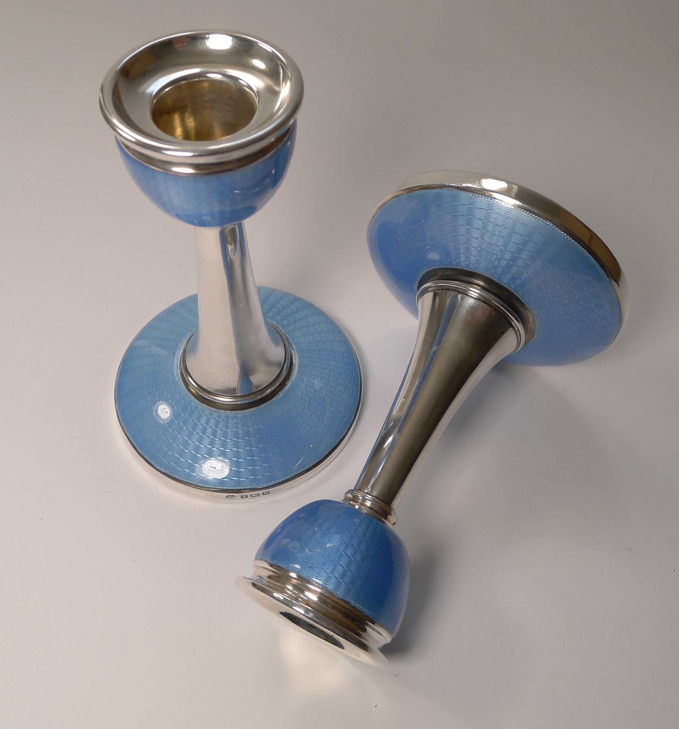 Pair English Sterling Silver & Blue Guilloche Enamel Candlesticks, 1927 2