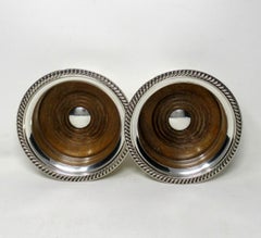 Pair of English Sterling Silver Wine Bottle Decanter Coasters, Barker Ellis 1988