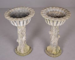 Pair English Stone Faux Tree Trunk Garden Planters