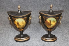Pair English Style Tole Painted Metal Small Brass Mounted Urns