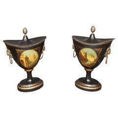 Pair English Style Tole Painted Metal Small Brass Mounted Urns