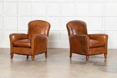 Pair English Tan Leather Club Armchairs