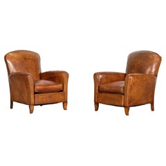 Pair English Tan Leather Club Armchairs