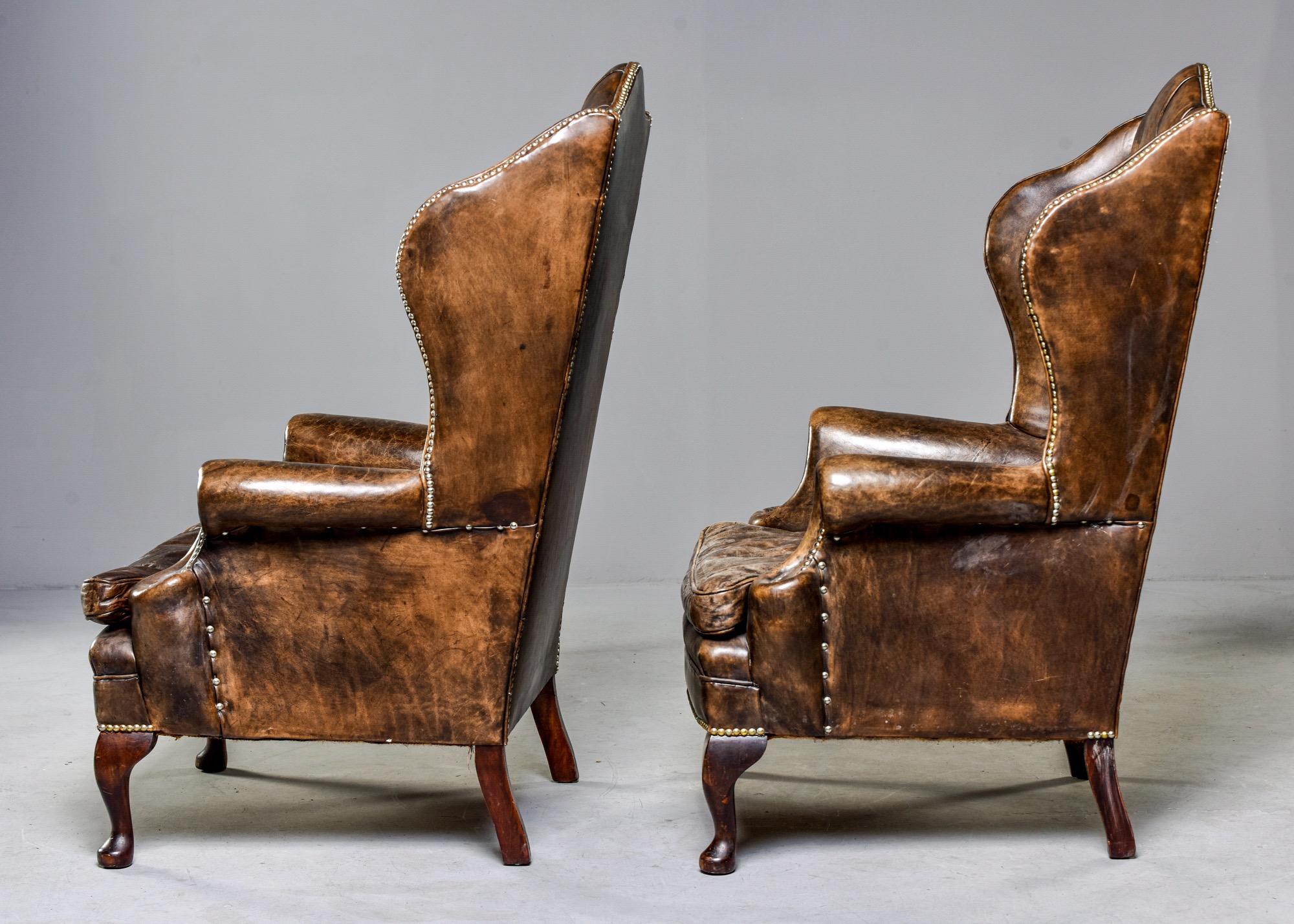 Pair of English Tufted Armchairs in Original Leather with Brass Nail Heads 6