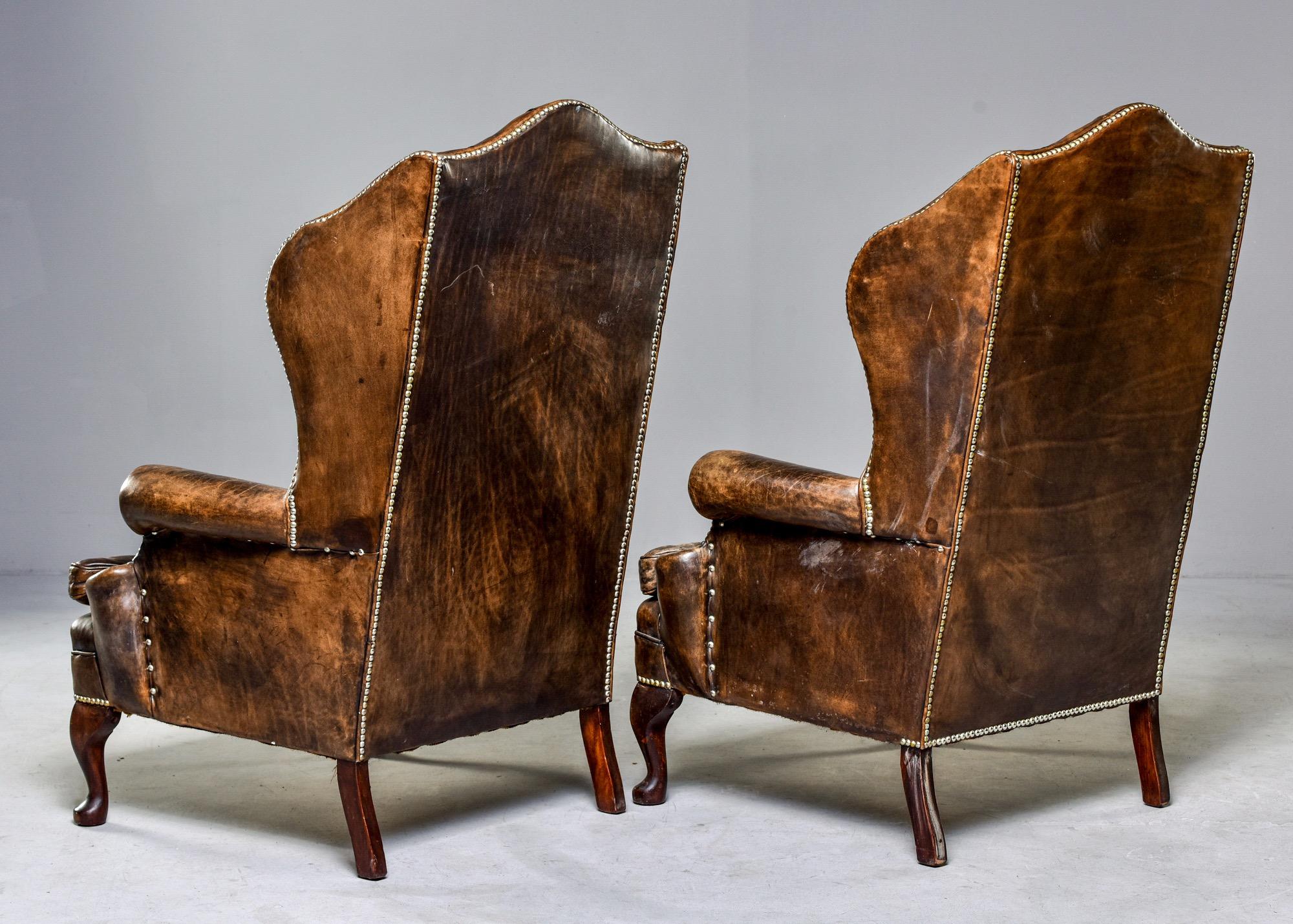 Pair of English Tufted Armchairs in Original Leather with Brass Nail Heads 7