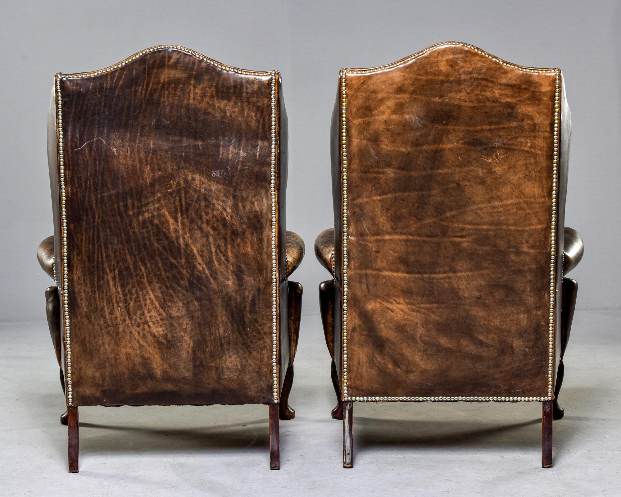 Pair of English Tufted Armchairs in Original Leather with Brass Nail Heads 8