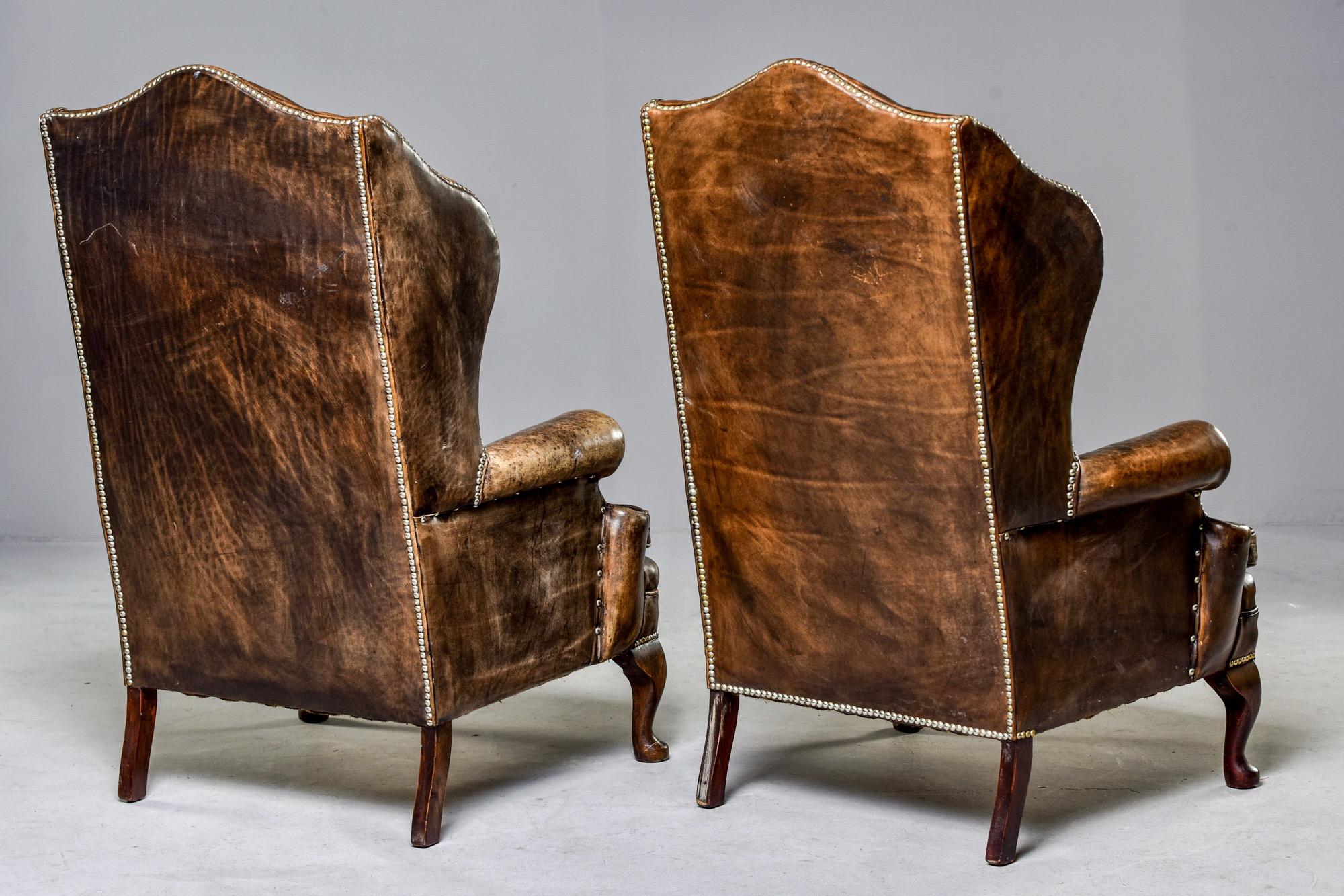 Pair of English Tufted Armchairs in Original Leather with Brass Nail Heads 9