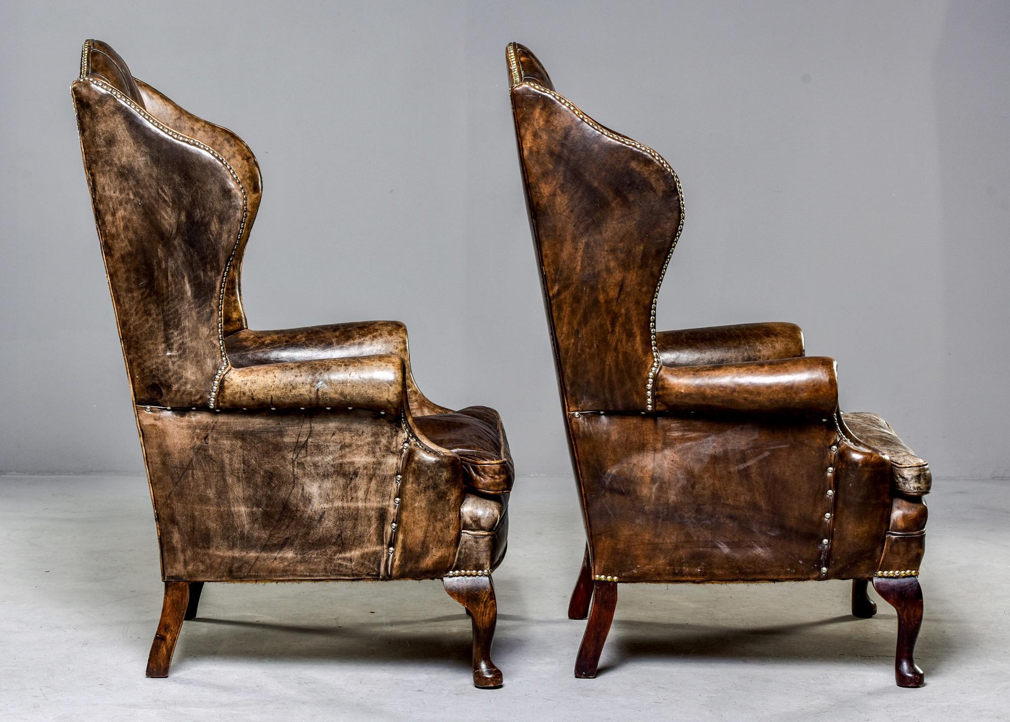 Pair of English Tufted Armchairs in Original Leather with Brass Nail Heads 10
