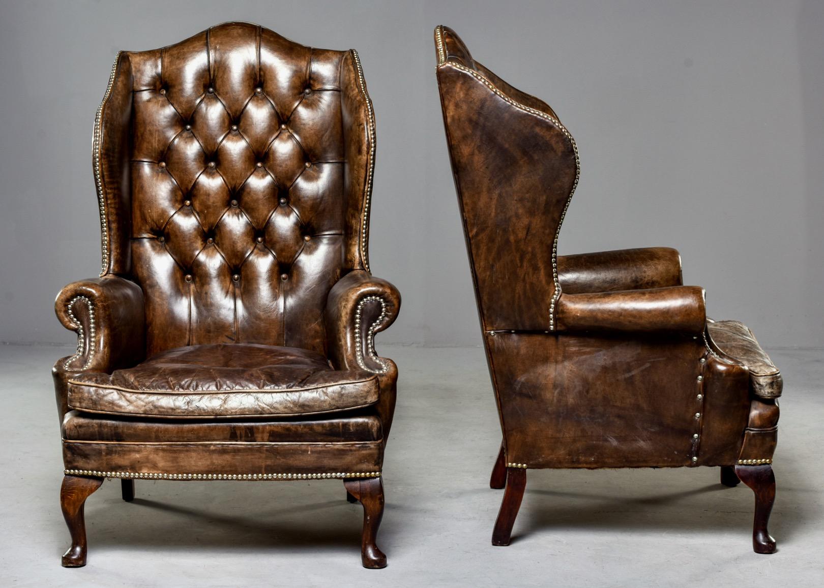 Pair of English Tufted Armchairs in Original Leather with Brass Nail Heads 1