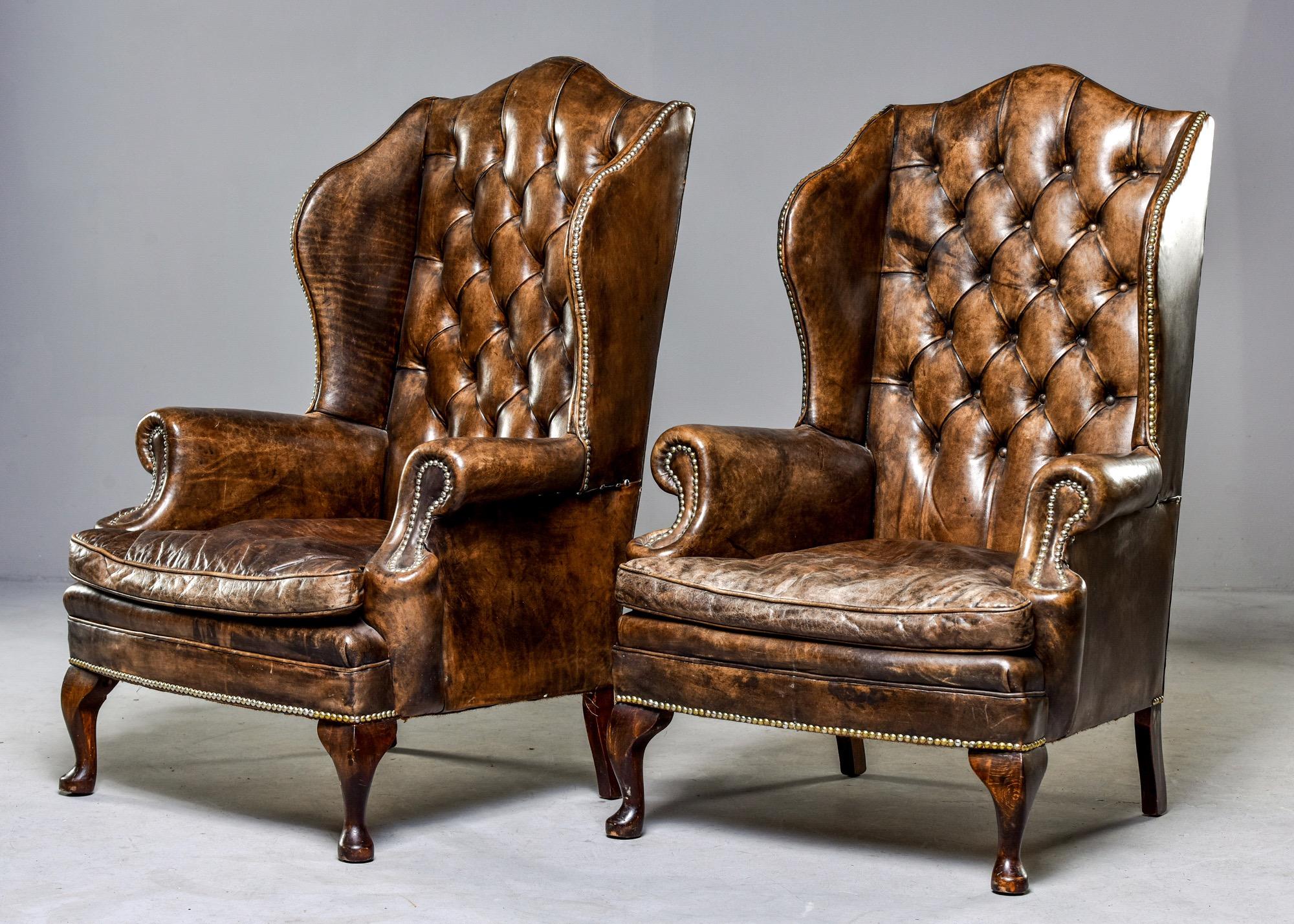 Pair of English Tufted Armchairs in Original Leather with Brass Nail Heads 5