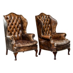 Pair of English Tufted Armchairs in Original Leather with Brass Nail Heads