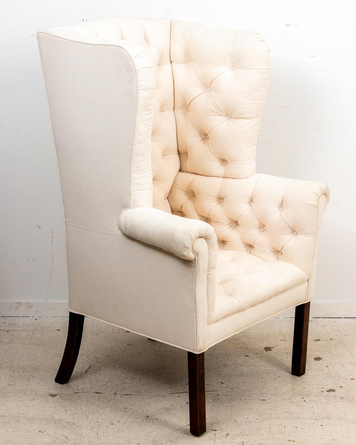 Pair English Tufted Wing Chairs Late 18th Century Upholstered in Muslin In Good Condition In Stamford, CT