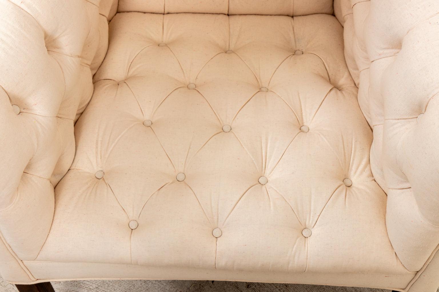 Pair English Tufted Wing Chairs Late 18th Century Upholstered in Muslin 1