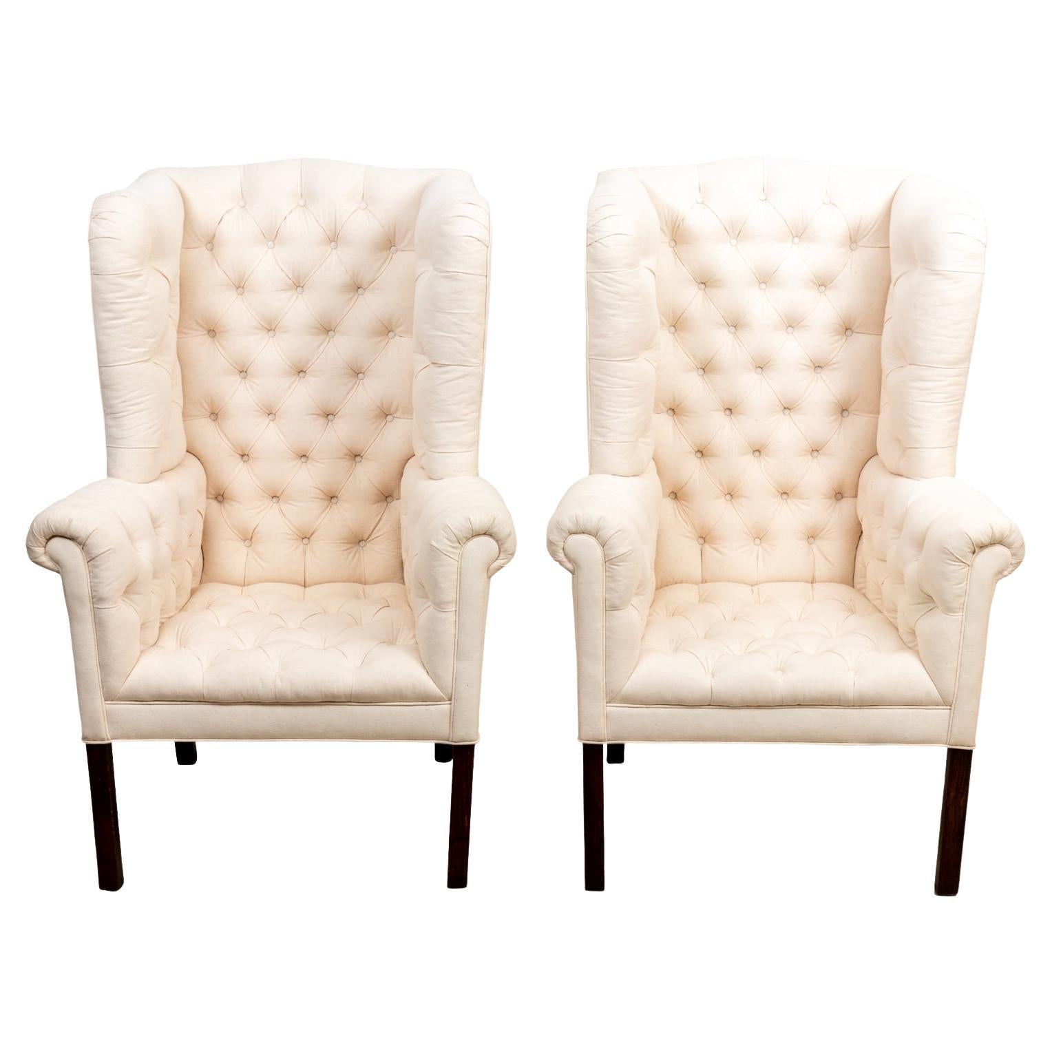 Pair English Tufted Wing Chairs Late 18th Century Upholstered in Muslin