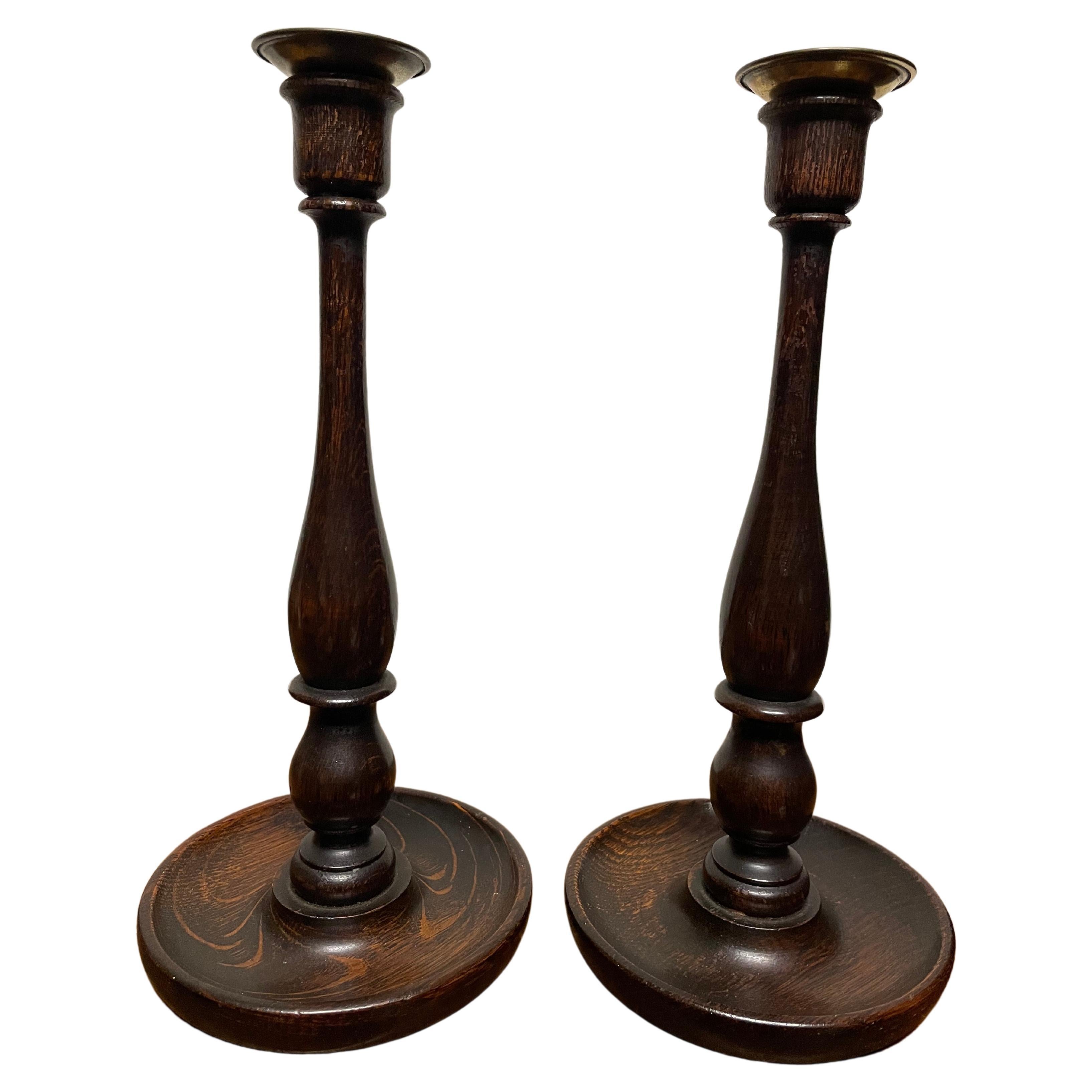 Pair English Turned Elm and Brass Candlesticks, Circa 1900