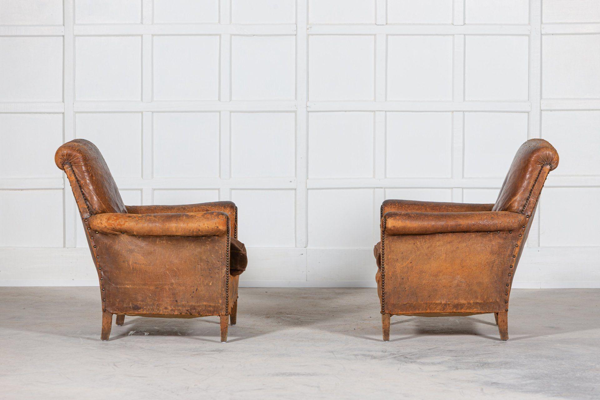 Early 20th Century Pair English Worn Leather Beech Club Chairs