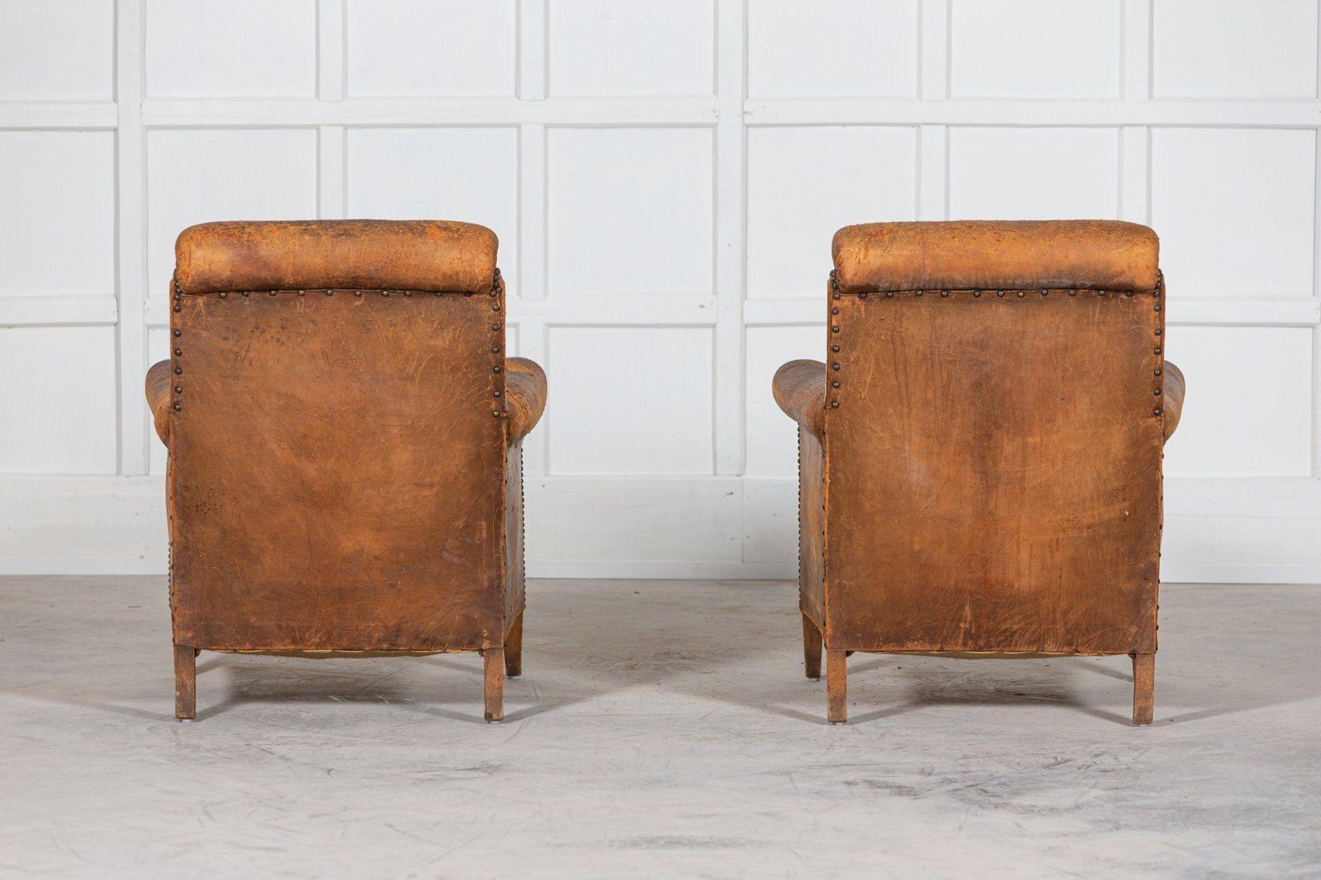 Pair English Worn Leather Beech Club Chairs 2