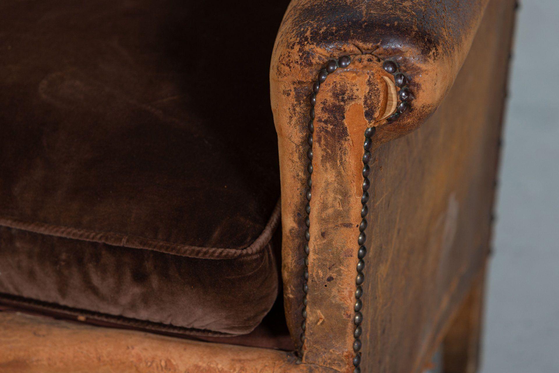 Pair English Worn Leather Beech Club Chairs 4