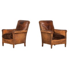 Pair English Worn Leather Beech Club Chairs