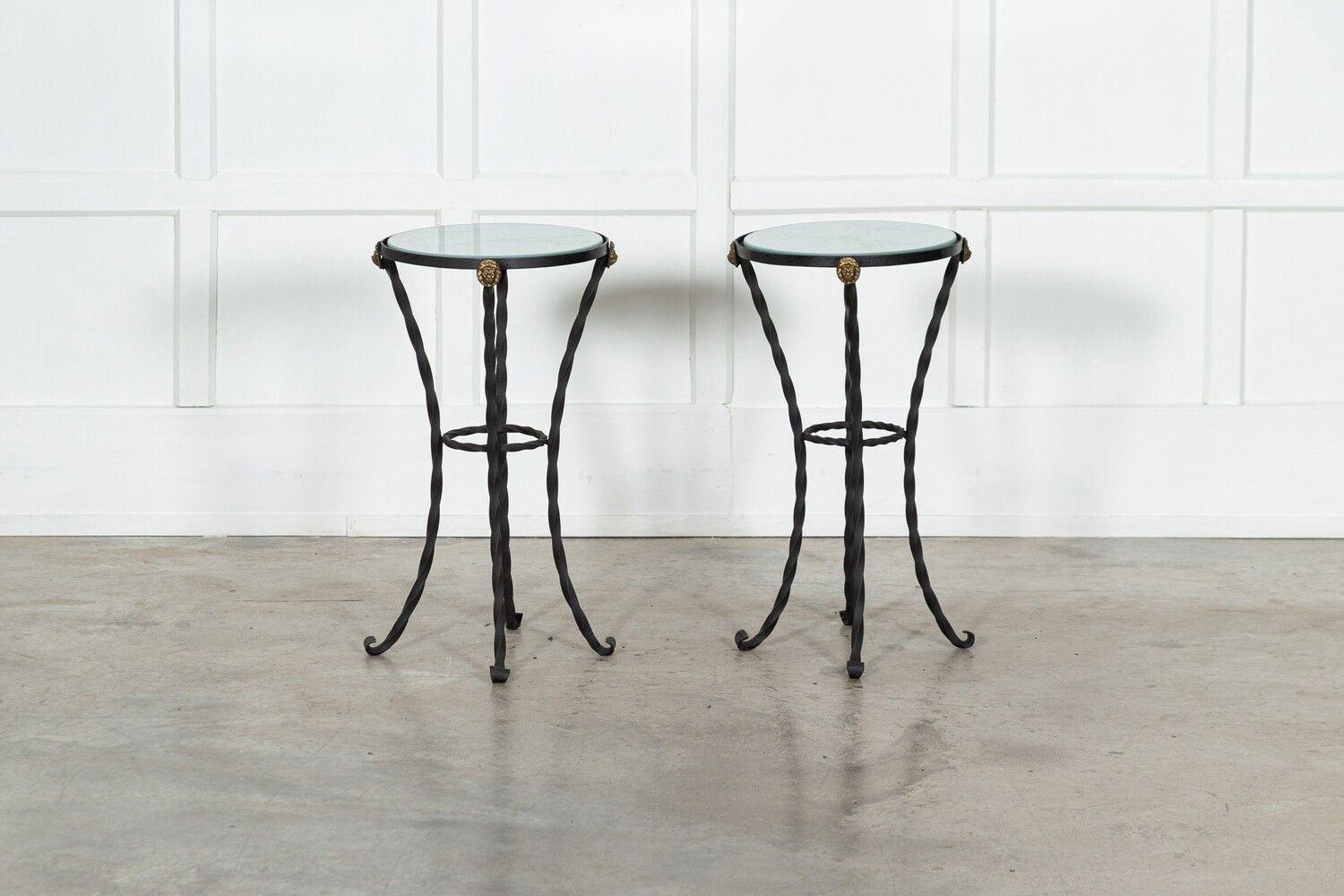Pair English Wrought Iron Marbled Glass Tables For Sale 5