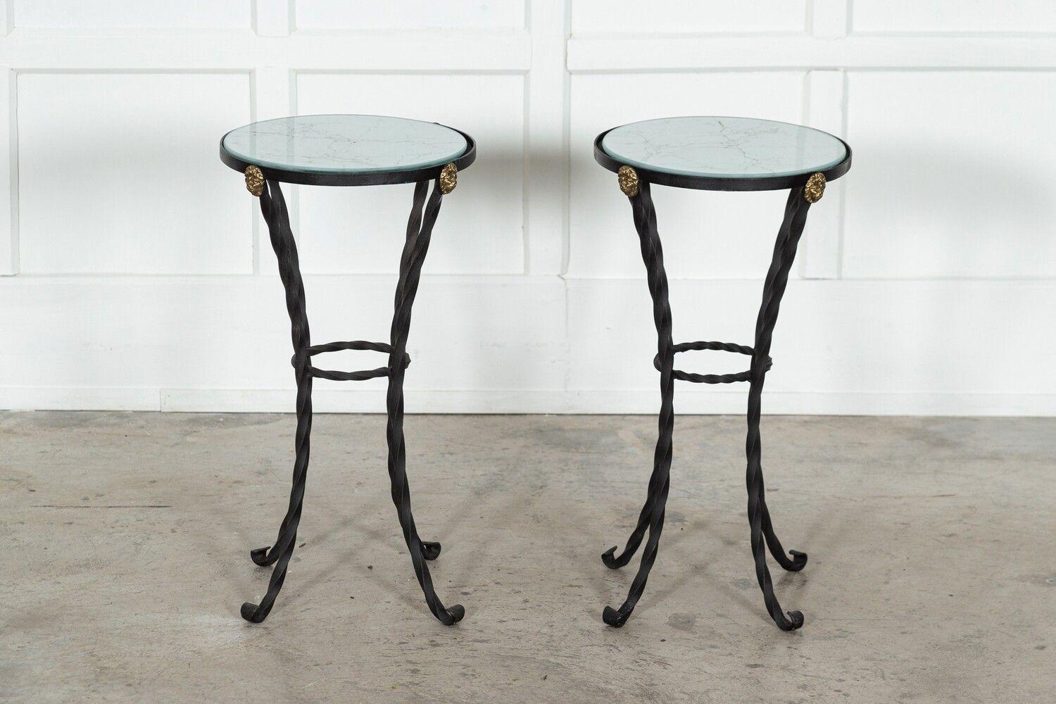 Brass Pair English Wrought Iron Marbled Glass Tables For Sale