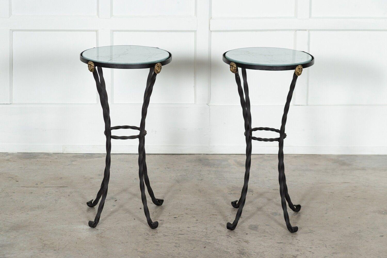 Pair English Wrought Iron Marbled Glass Tables For Sale 2