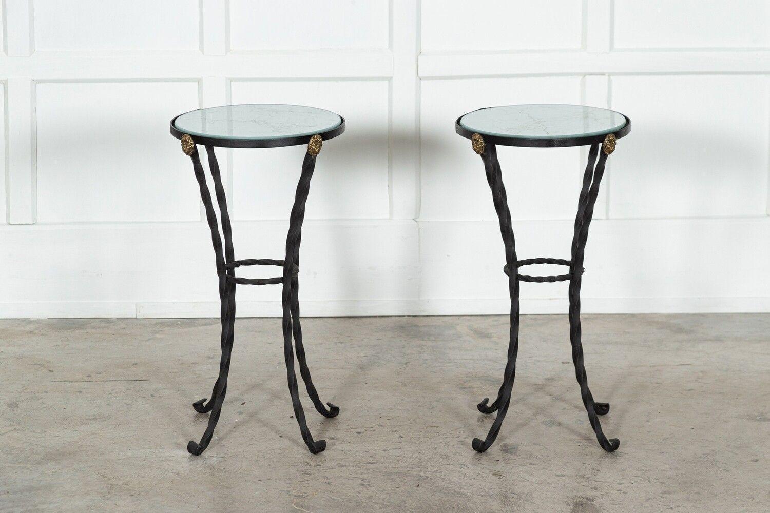Pair English Wrought Iron Marbled Glass Tables For Sale 4