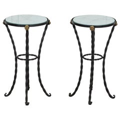 Pair English Wrought Iron Marbled Glass Tables