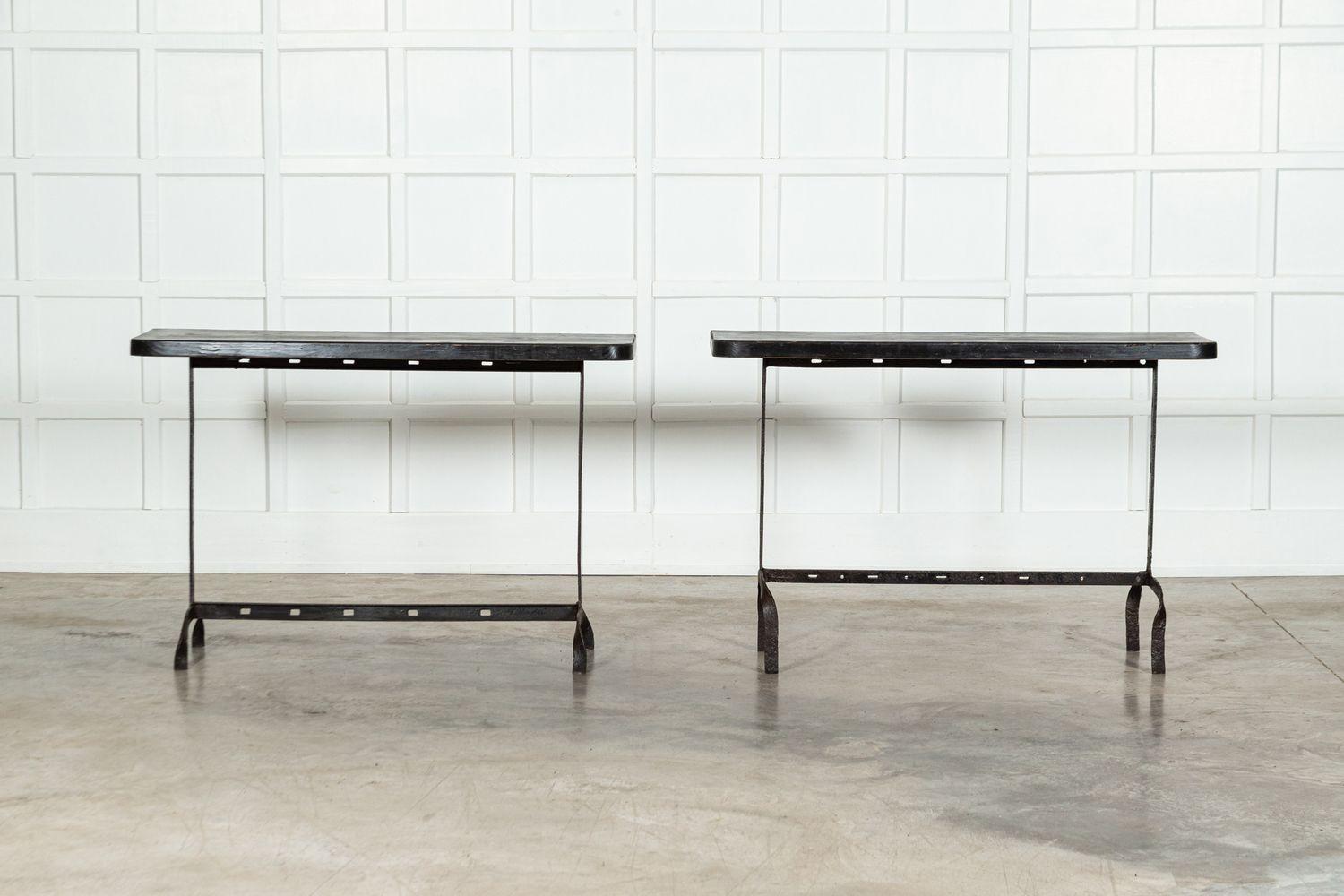 20th Century Pair English Wrought Iron Pine Console Tables For Sale
