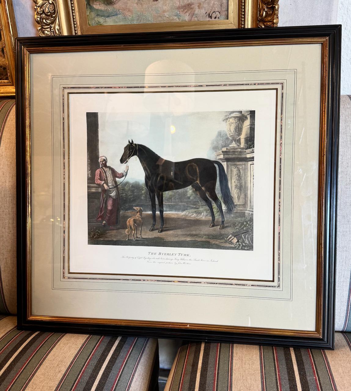 Il s'agit d'une paire de gravures d'après des peintures de grandes lignées de chevaux de course anglaises datant du début du 18e siècle. Le Darley Arabian et le Byerley Turq sont deux des trois étalons fondateurs qui ont formé la lignée de course